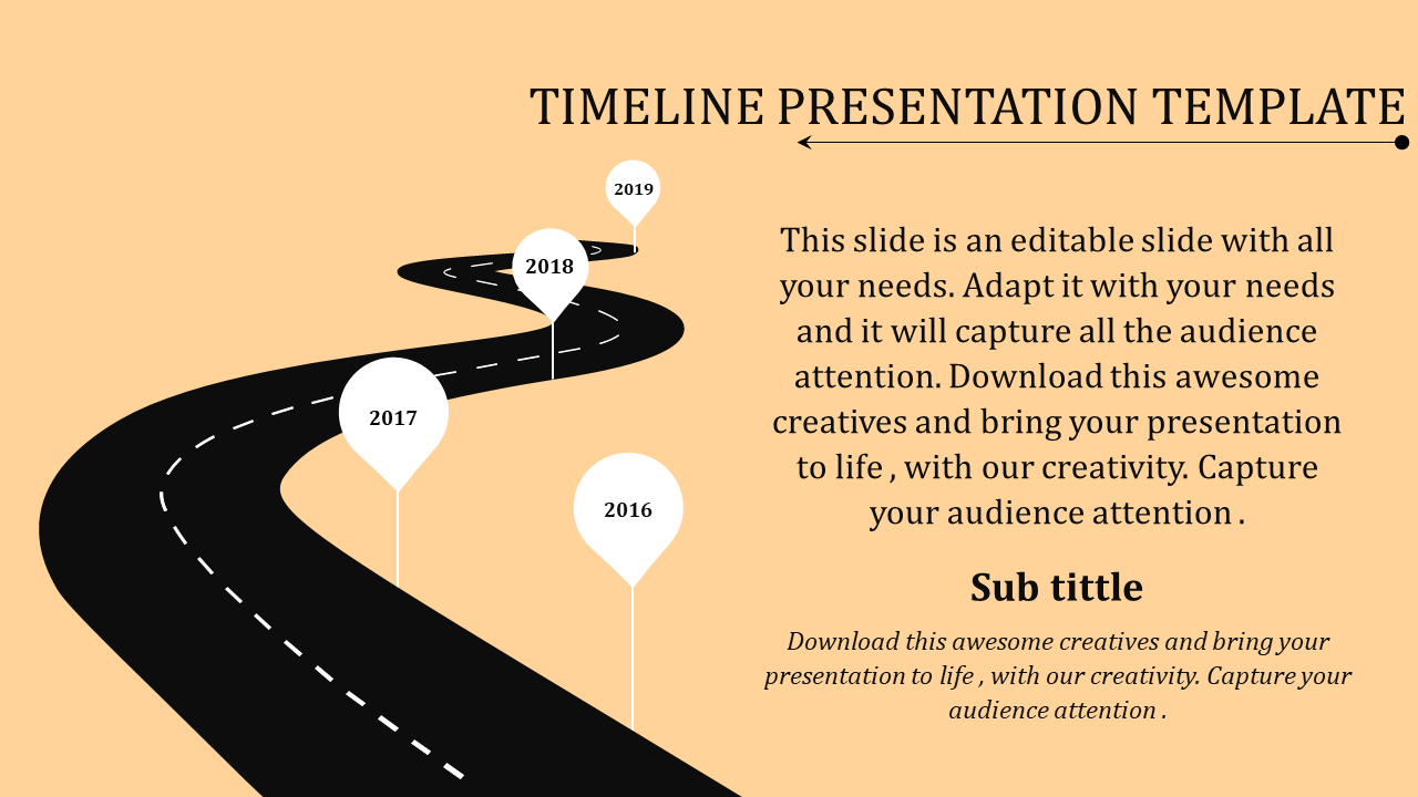 A visually engaging timeline slide featuring a winding road with milestone markers for 2016 to 2019.