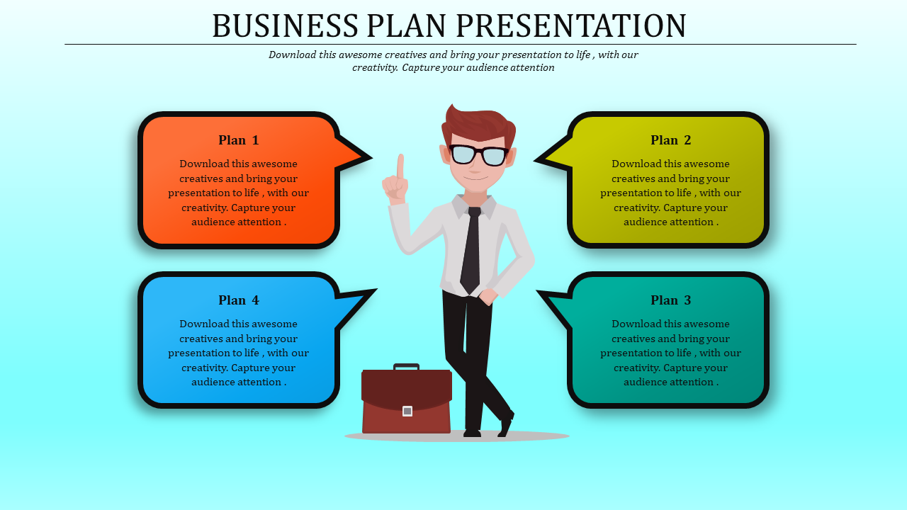 Slide layout for a business plan presentation showing a central figure with four colorful speech bubbles for different plans.