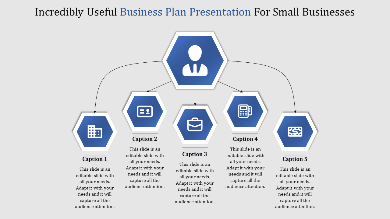 Hexagonal infographic with a central icon connected to five blue hexagons labeled with captions, on a gray background.