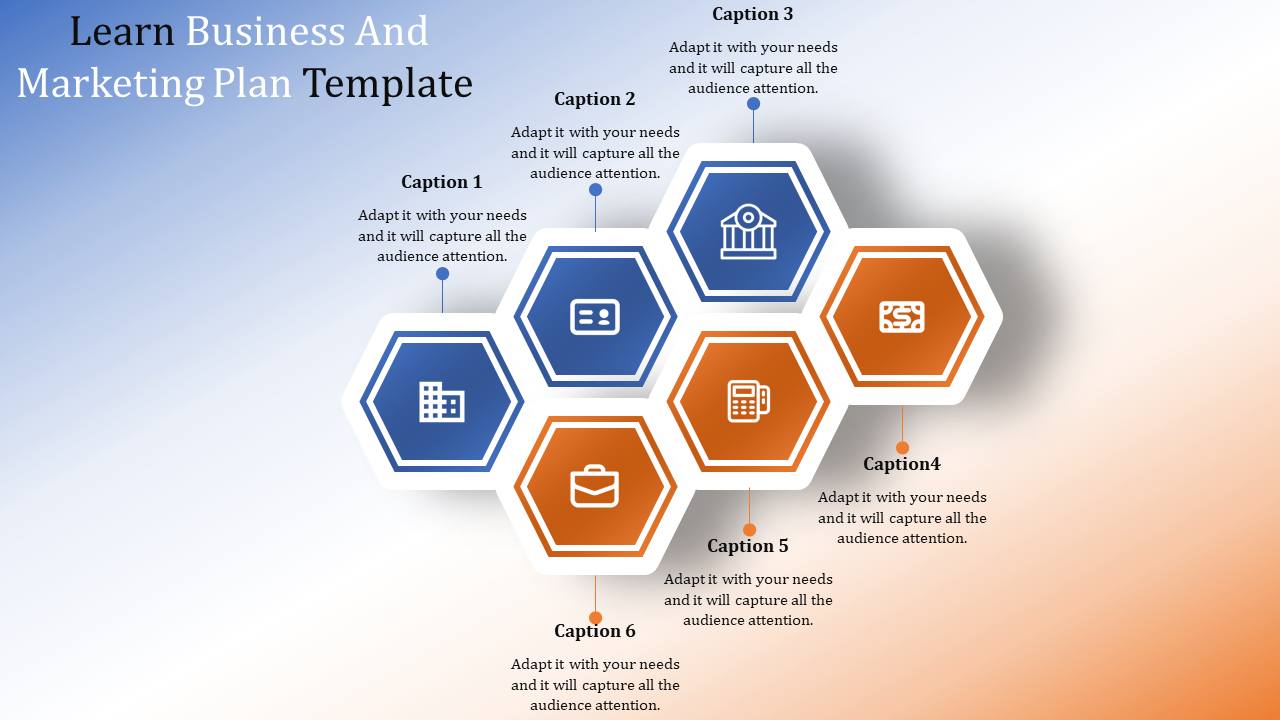 Six hexagonal infographic with blue and orange sections labeled with captions, arranged in a honeycomb pattern.