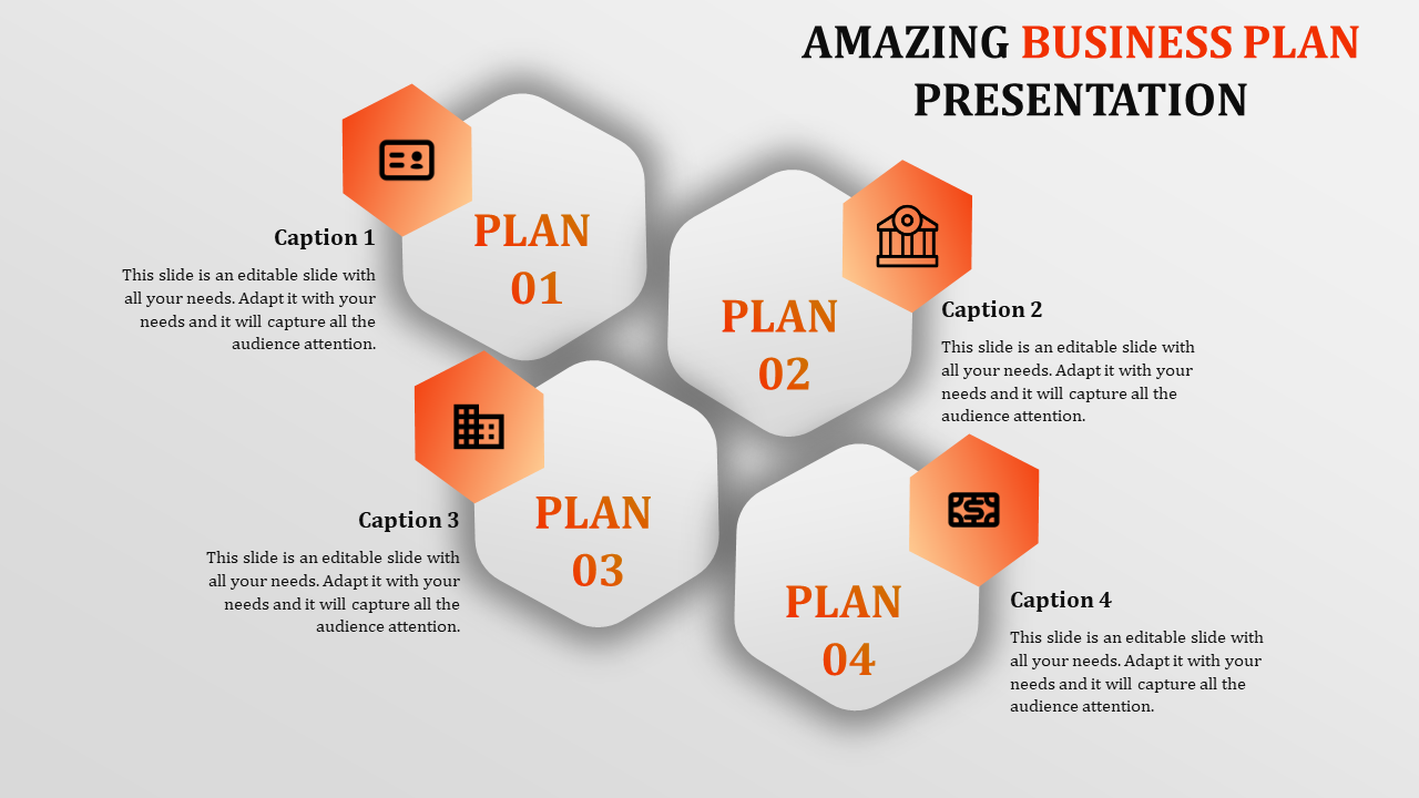 Business plan infographic with four white hexagons, orange accents, and icons representing steps 1 to 4.