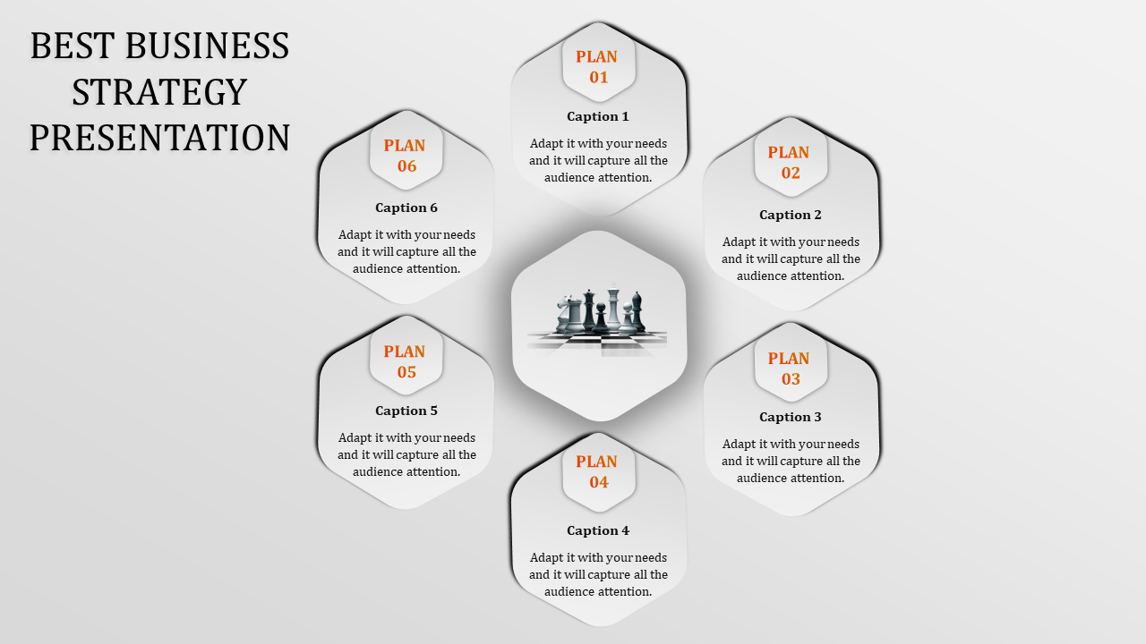 A business strategy presentation slide with nine plans and corresponding captions in hexagonal shapes.