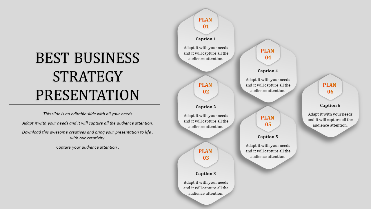 Hexagonal business strategy template with plans numbered 01 to 06, aligned across two columns with captions.