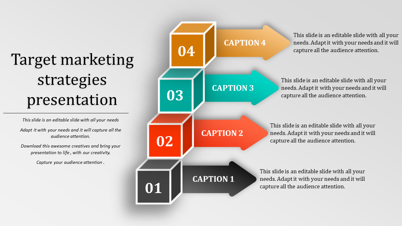 Diagram of a target marketing strategies slide featuring colorful numbered steps and captions.