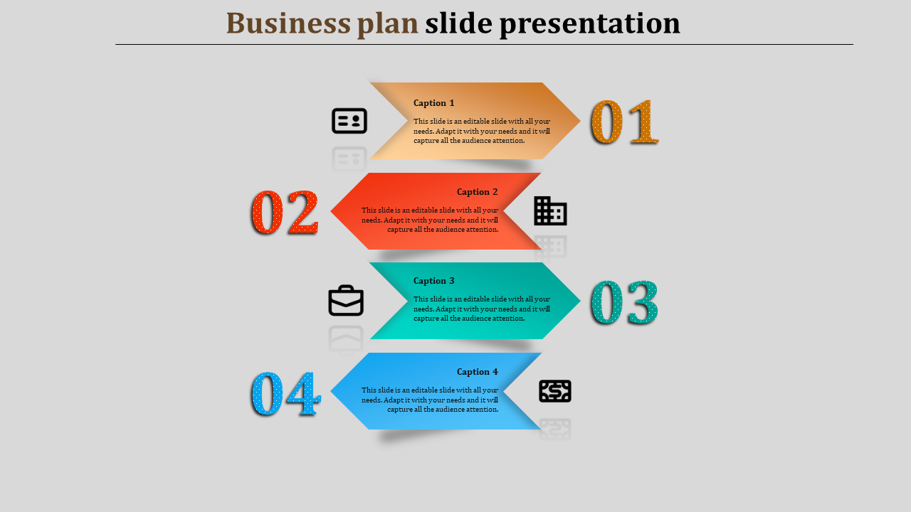 Business plan PPT slide with four sections connected by colorful arrows, each featuring icons and captions.