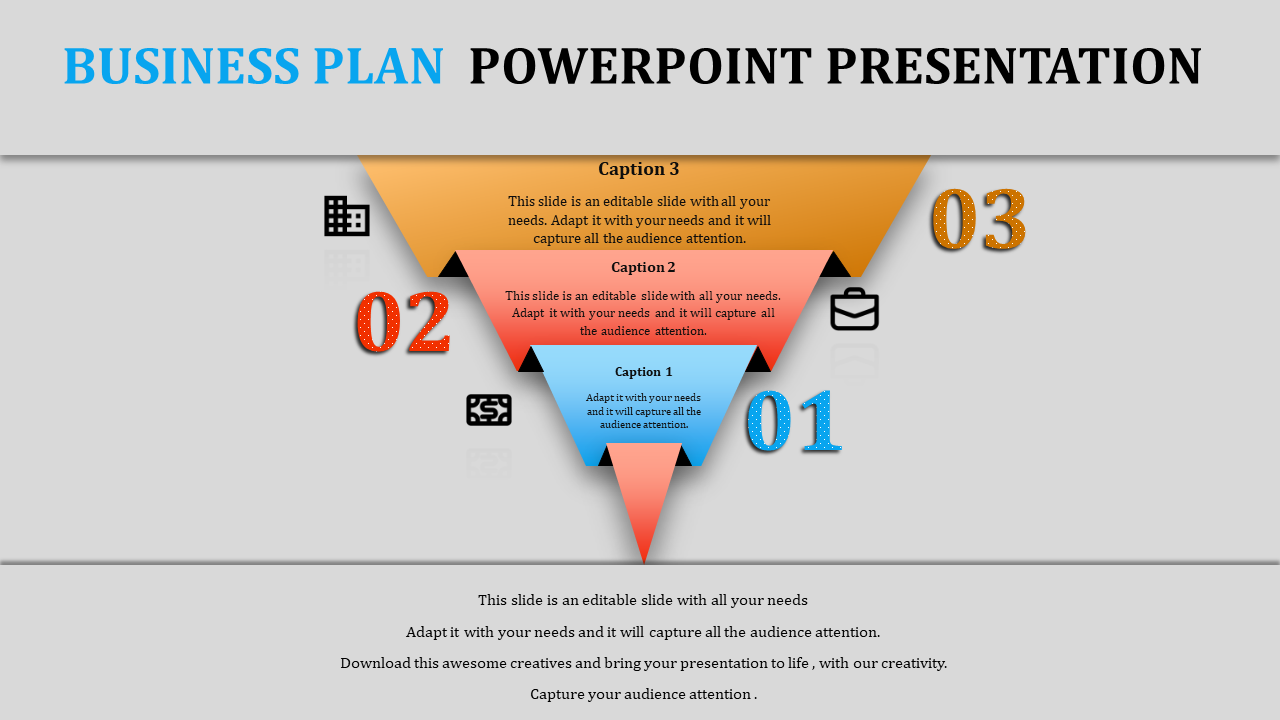 Business plan PowerPoint slide featuring a funnel with three sections labeled 1, 2, and 3, each with captions.