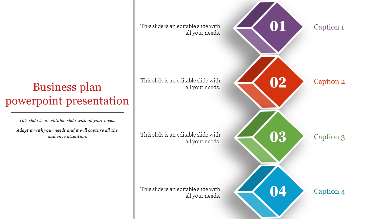 Business plan slide with four colorful 3D shapes and text captions.