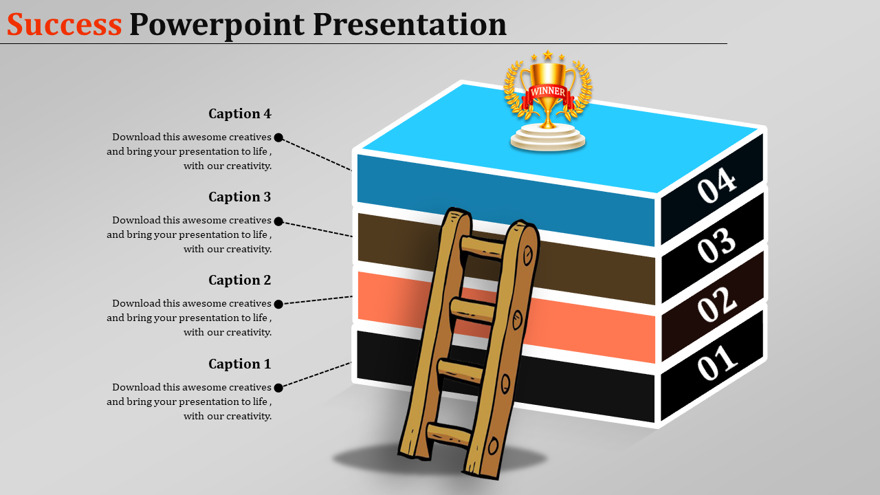 Success template with numbered colored blocks, a ladder, and a winner's trophy on top, with four caption areas.