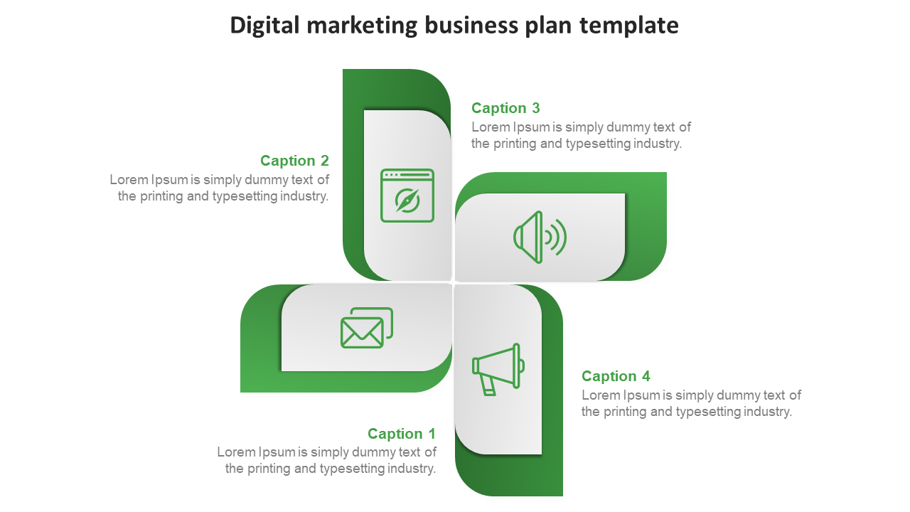 Green and white themed digital marketing business plan PPT template with icons and captions.