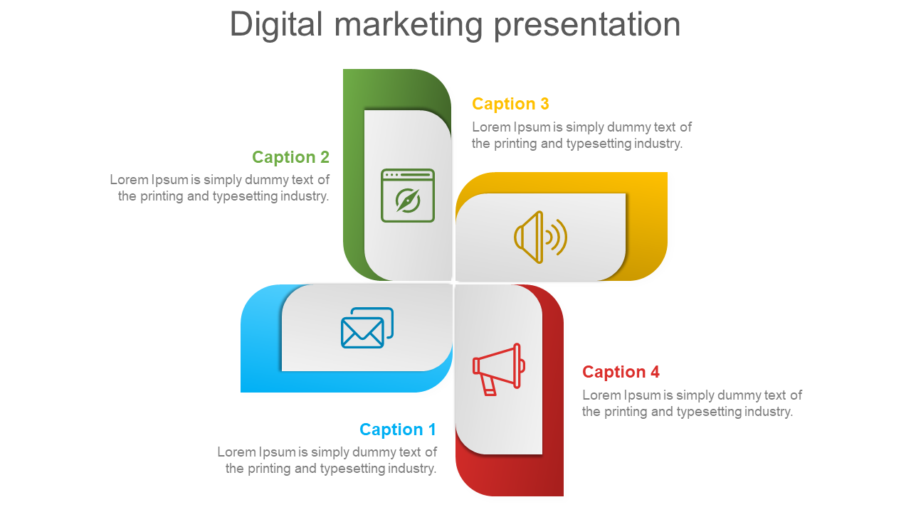 Digital marketing PowerPoint template with four colored sections and icons with placeholder text.