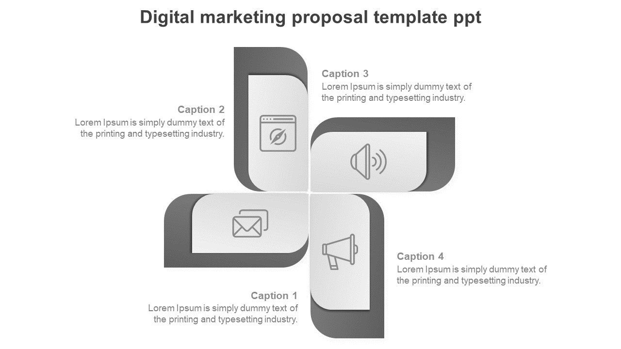 Four part diagram with grey curved sections, each containing an icon for email, browser, speaker, and megaphone.