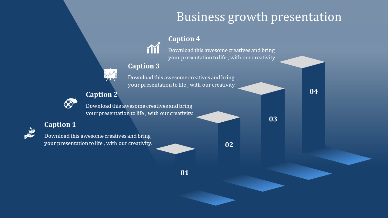 Business growth slide featuring four bar steps with icons for different phases, each with placeholder text areas.