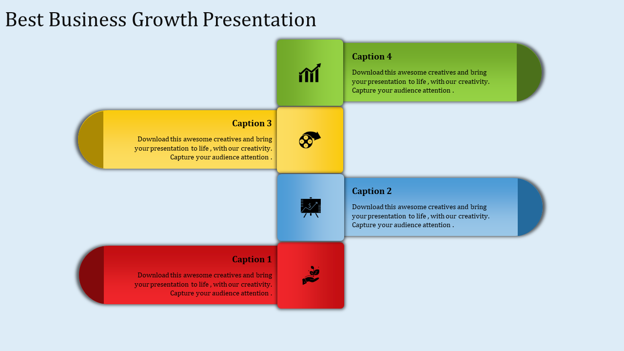 Business growth presentation template with four colorful captions arranged in a cross shape, each with an icon and text.