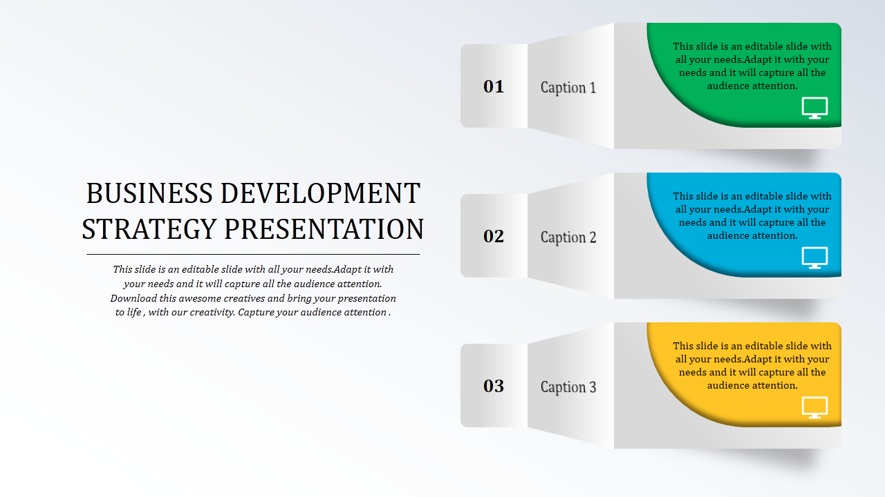 Slide for business development strategy featuring three colored sections for captions and content.