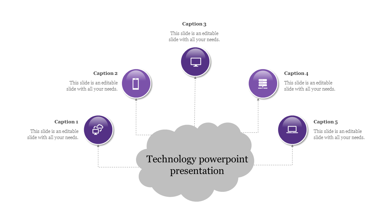 Technology PowerPoint slide with five purple icons around a cloud labeled with captions and placeholder text.