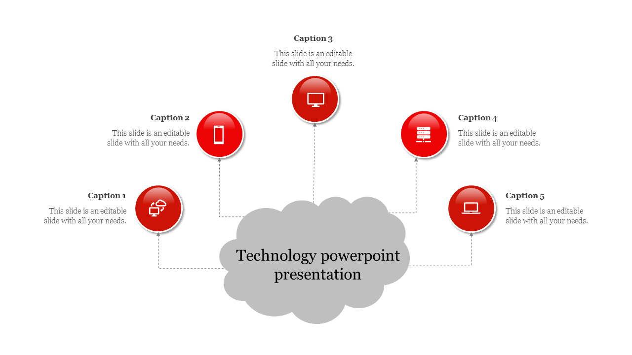 Cloud-centered technology slide with five surrounding icons in red, symbolizing various tech elements, with caption areas.