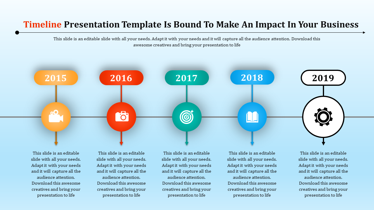 Colorful timeline slide with icons for each year, from 2015 to 2019, highlighting key milestones on a blue backdrop.