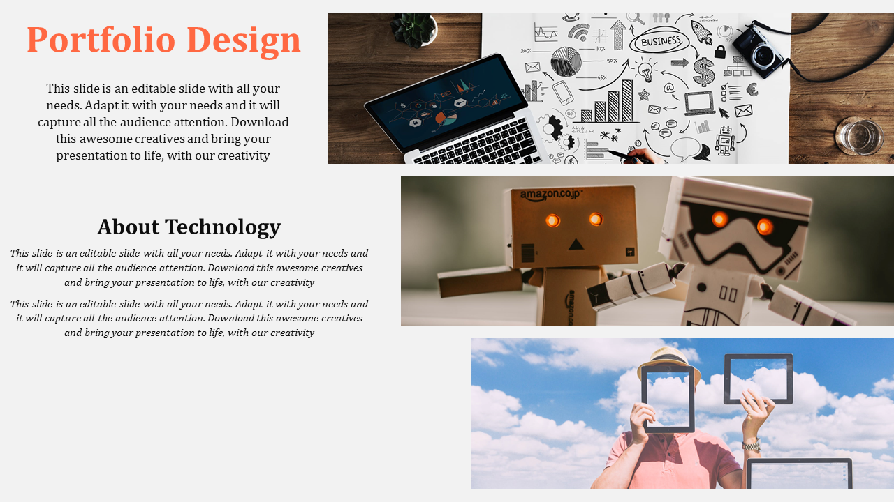 Portfolio slide with three images of a laptop with sketches, toy robots, and a person holding digital frames against the sky.