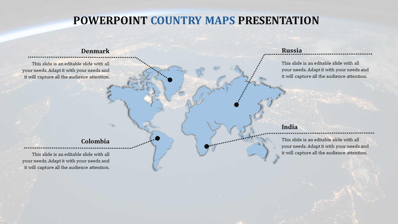 World map infographic highlighting Denmark, Russia, India, and Colombia with dotted lines connecting to captions.