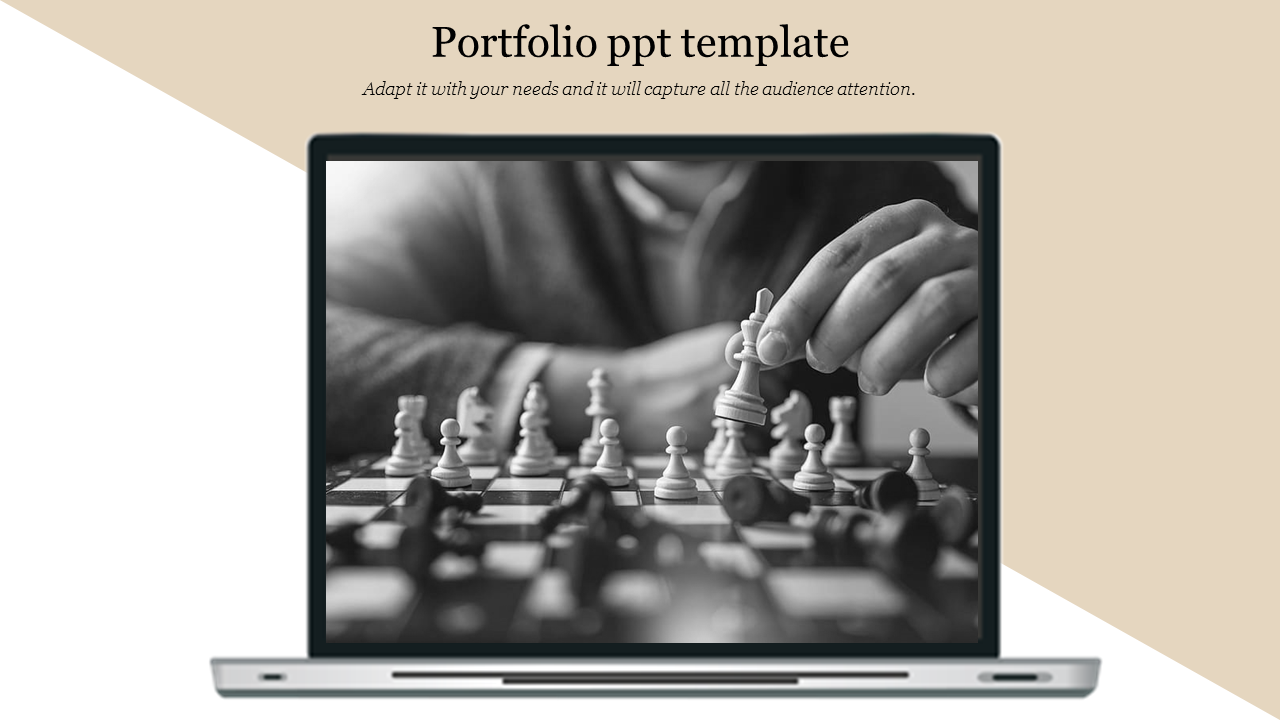 Laptop screen displaying a grayscale chess game with a hand moving a piece, set against a beige background.