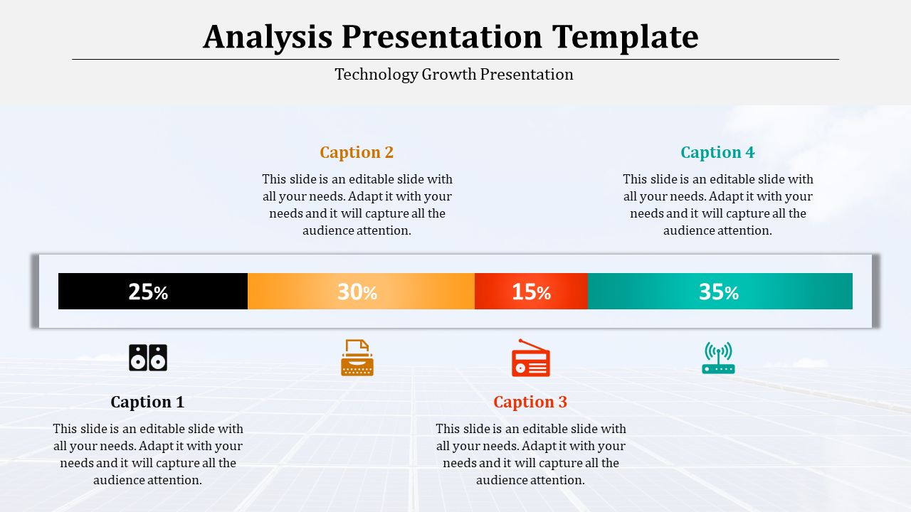 Analysis presentation slide showing a technology growth chart with percentage values and icons with placeholder text.