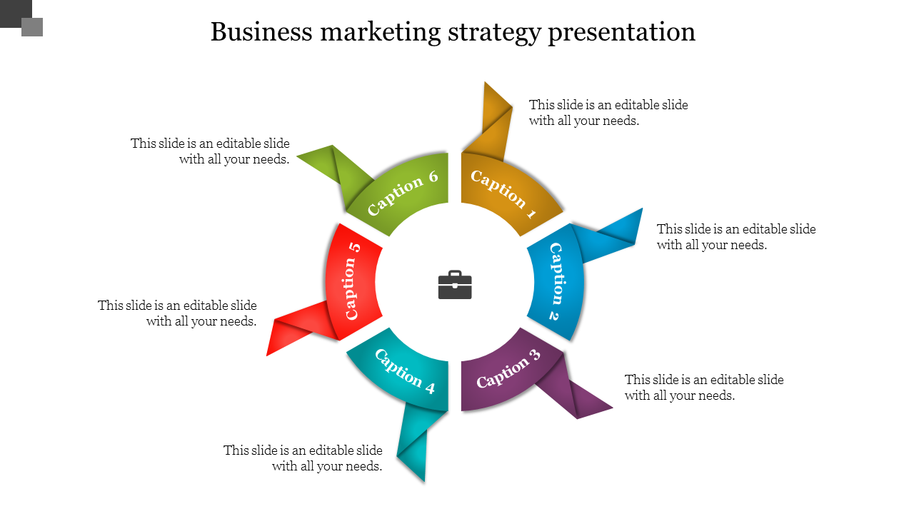 Circular business marketing strategy slide with six colorful ribbon like segments labeled 1 to 6.