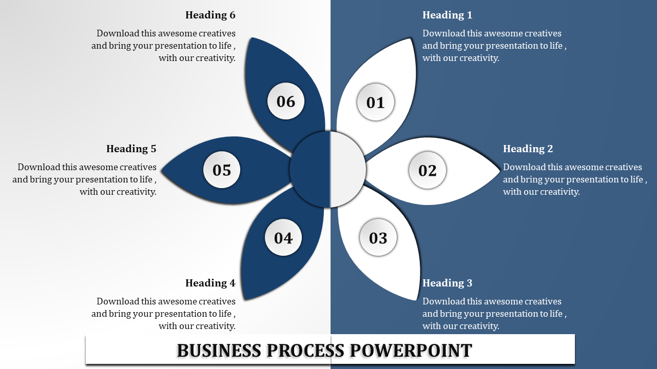 Six petal business process infographic split into blue and white sections, with numbered headings on each petal.