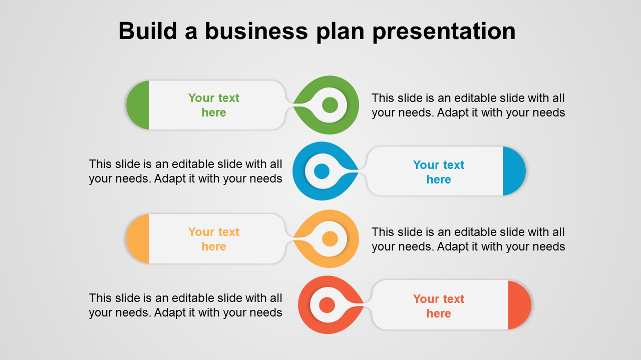 Business plan slide with five color blocks, featuring placeholders for text in green, blue, orange, and red.