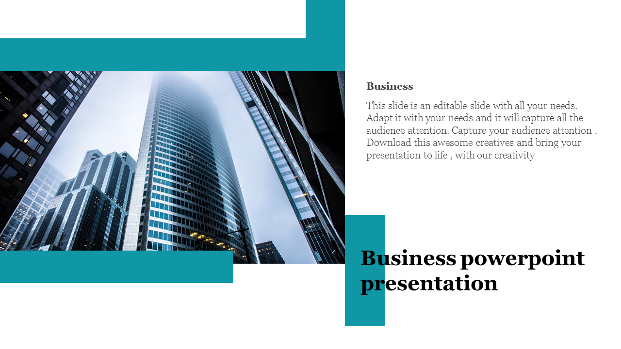 Business slide with a photo of tall skyscrapers framed by teal rectangles, and text on the right side.