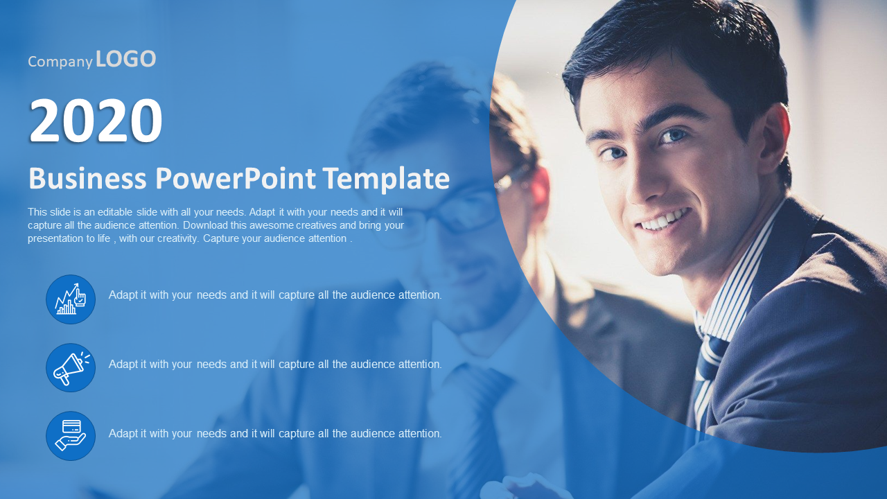 Business template featuring a professional with a confident smile in a corporate setting in a blue background.