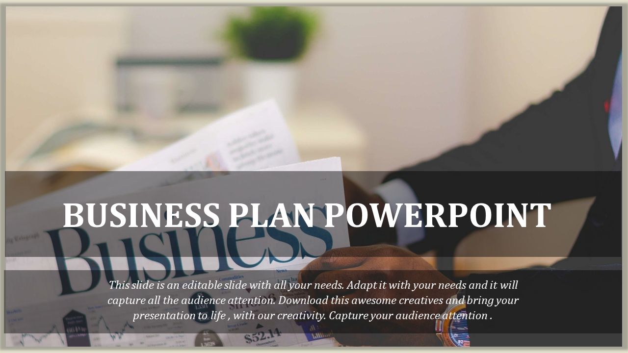 Business plan PowerPoint template featuring a close up of a professional holding a business newspaper.