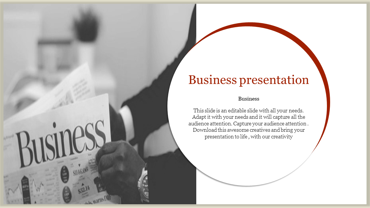 Business presentation PowerPoint template with a close up of a person reading a business newspaper.