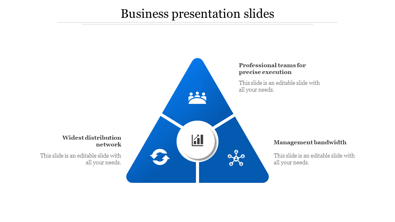 Business PowerPoint presentation slide with a blue triangular diagram featuring icons with placeholder text.