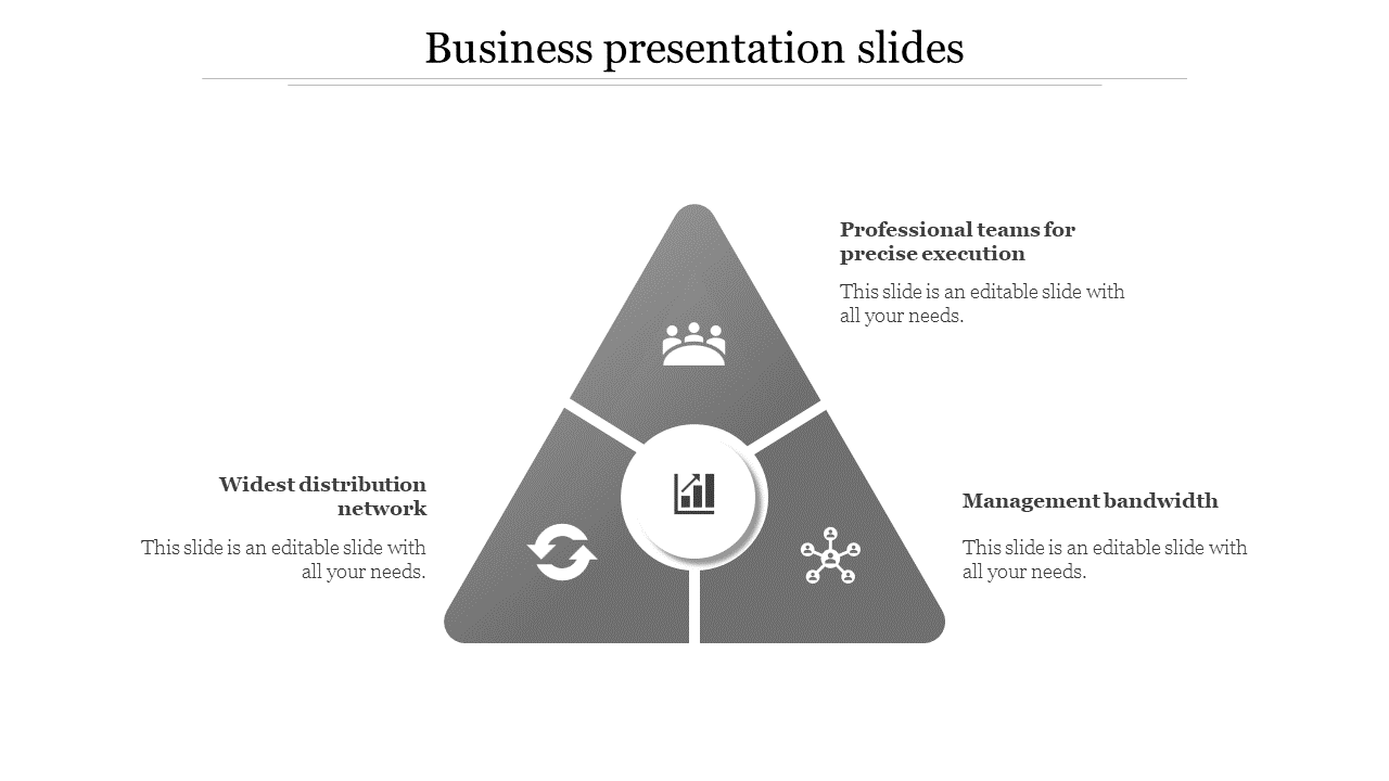 Gray triangle diagram with three segments with icons, representing key areas in business strategy.