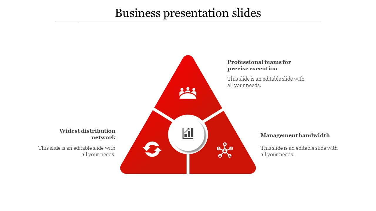 Business PowerPoint presentation slide with a red triangular diagram featuring icons with placeholder text.