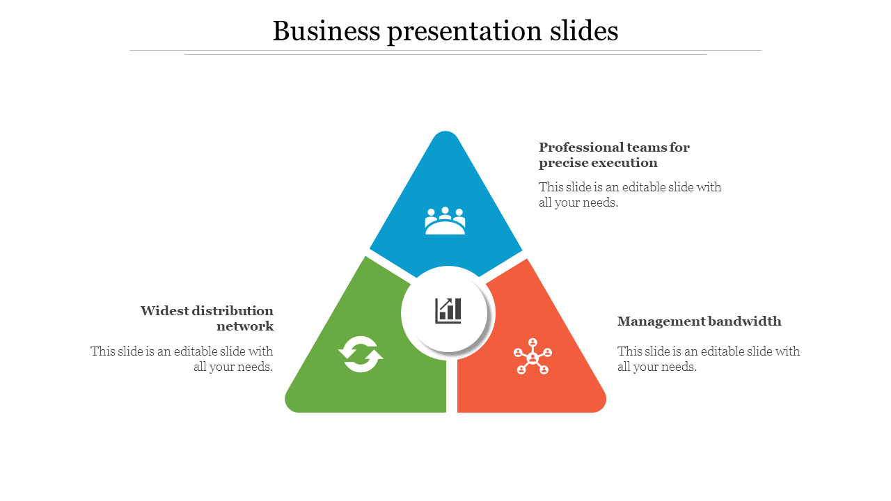 Business presentation slide with a triangle diagram highlighting three sections with icons and placeholder text.