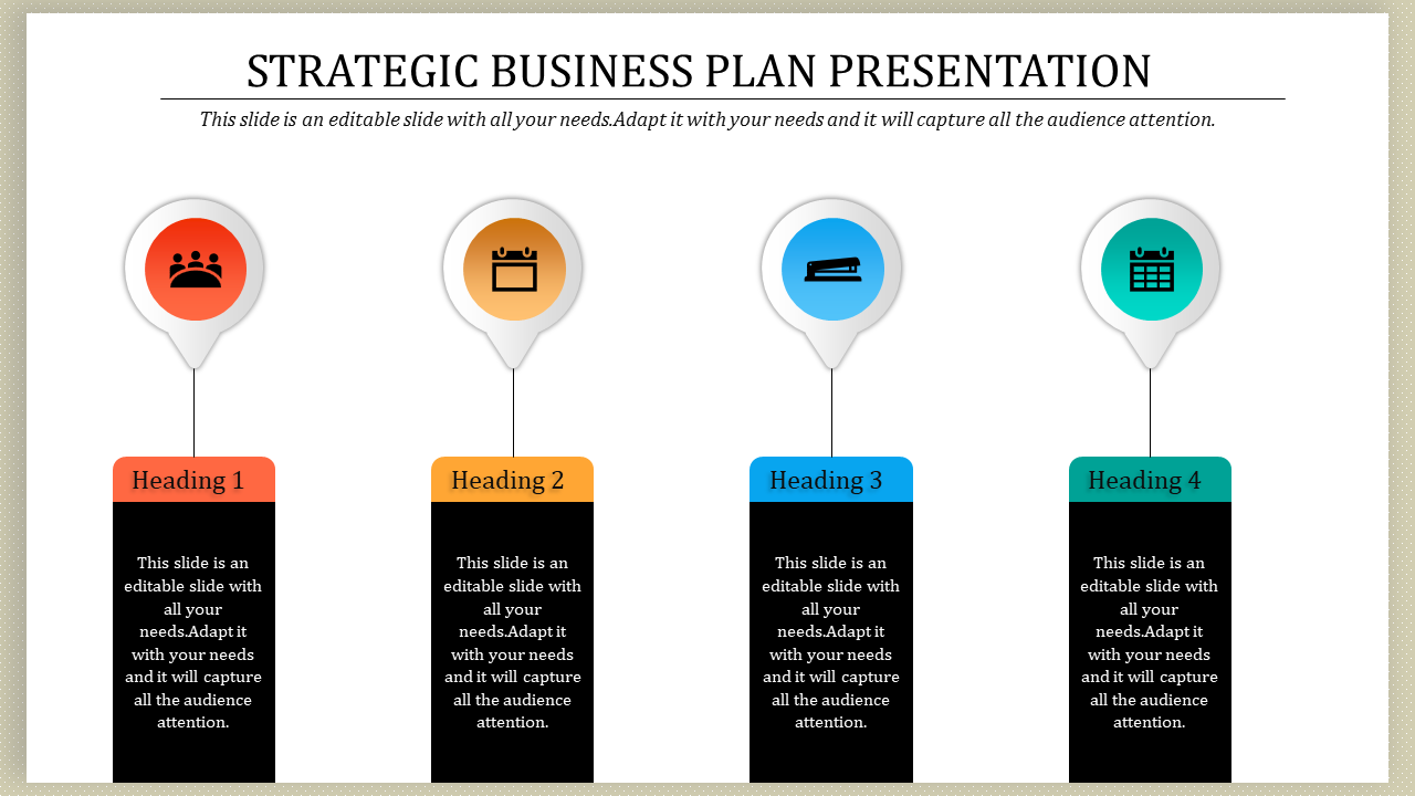 Business plan PowerPoint slide with four icons representing team, calendar, stapler, and folder, each with a heading.