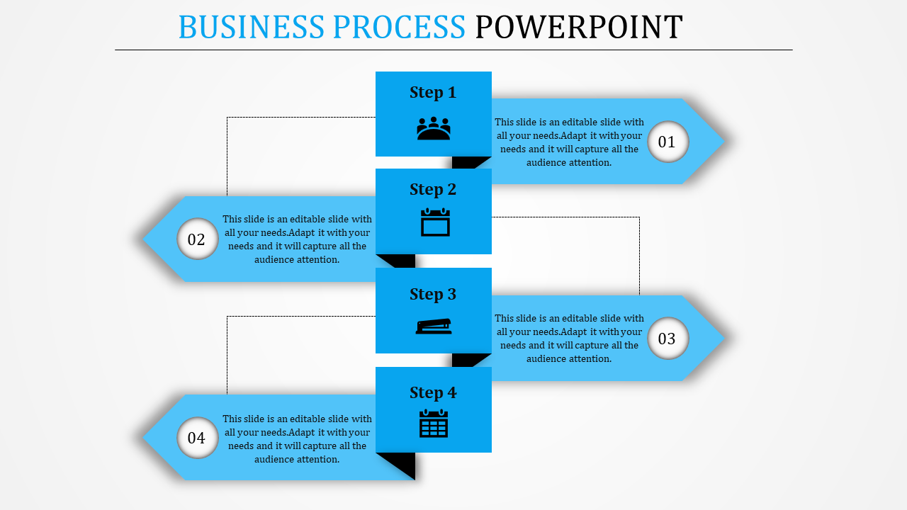 Blue arrow shaped infographic with four steps aligned vertically, featuring icons and numbers on both sides.