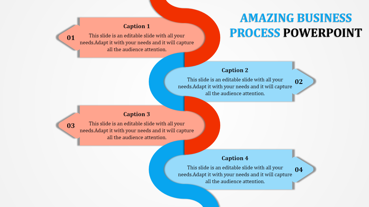 Business process PowerPoint slide with four steps, showing captions and arrows in a flowing design.