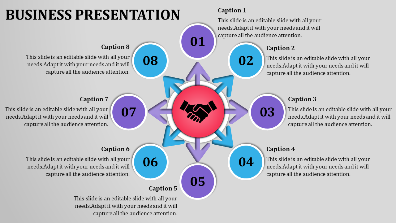 Infographic with a red central handshake circle, surrounded by eight blue and purple numbered circles with captions.