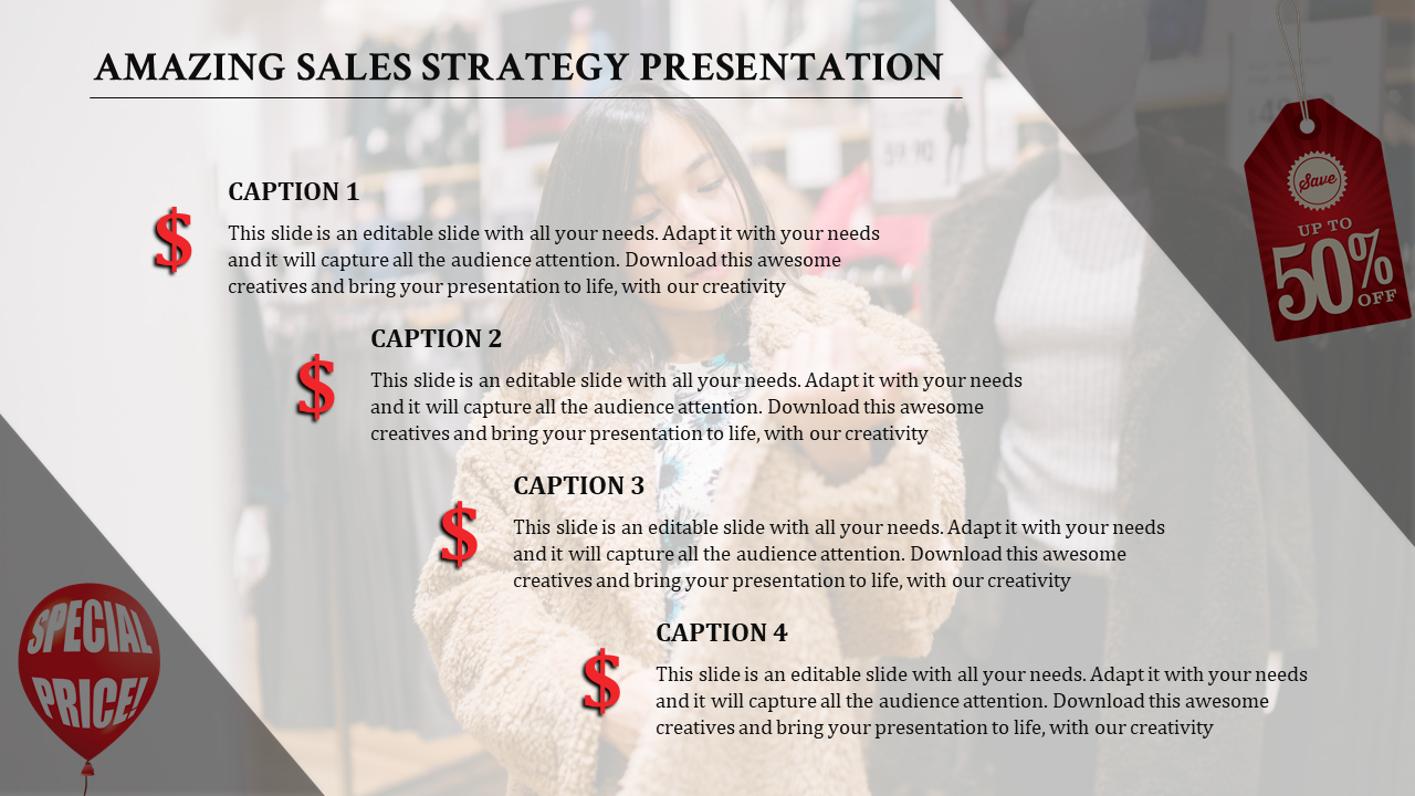 Visual sales template with 4 slides featuring caption areas and a special price tag in a blurred background.