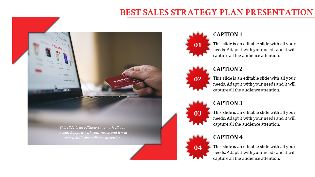 A person using a credit card to make an online purchase with a laptop showcases a sales strategy plan slide with captions.