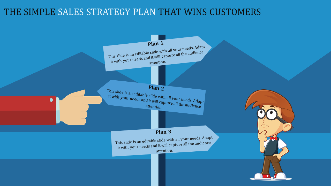 A cartoon style slide with three directional signs and plans pointing towards different strategies on a blue theme.