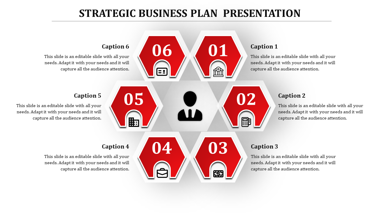 Strategic business plan template with six red hexagonal steps numbered 1 to 6, surrounding a central user icon.