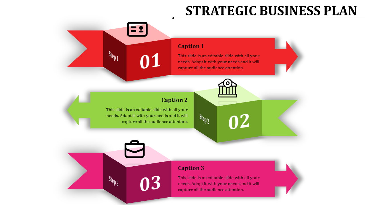 A strategic business plan slide with three steps represented in colorful blocks, featuring icons for each step and captions.