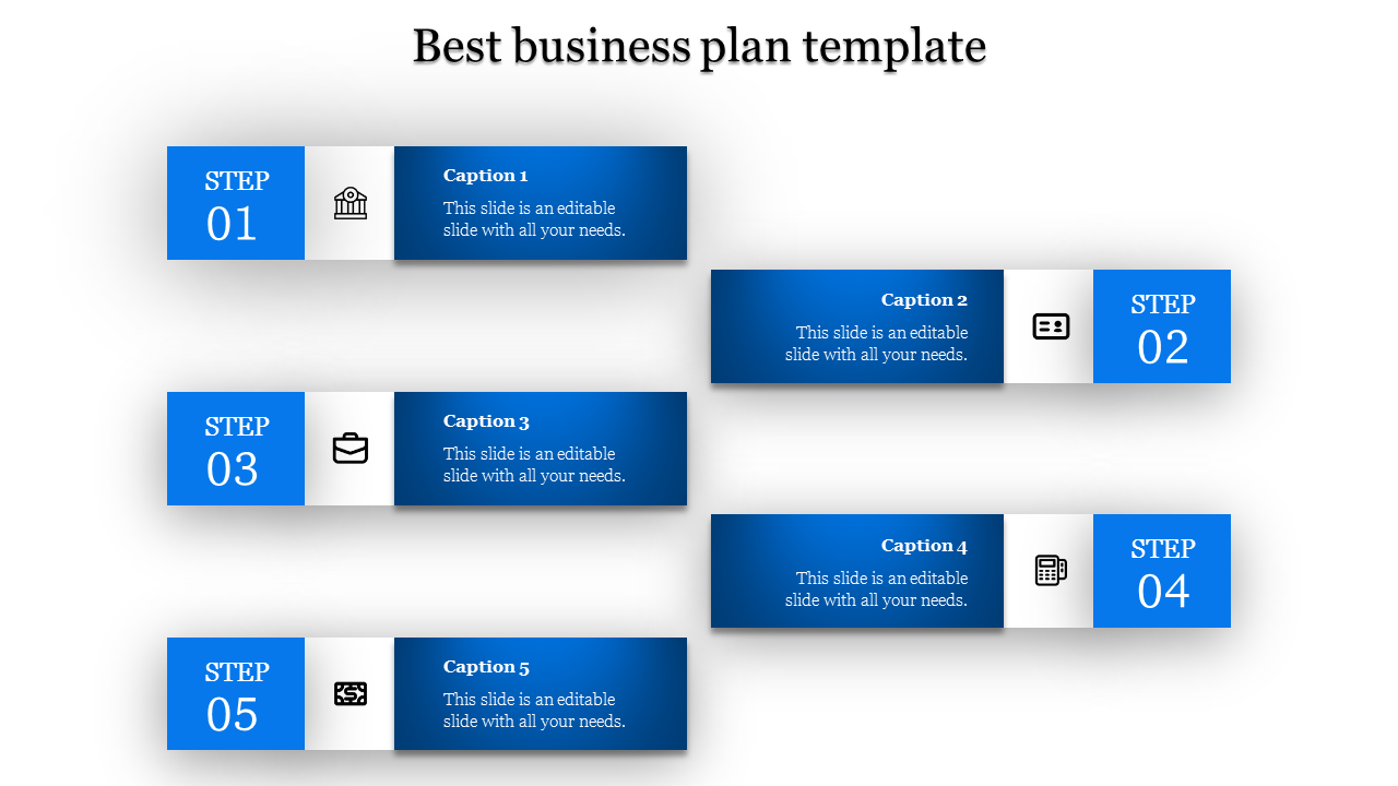 A business plan PowerPoint template with blue step by step guidance, featuring icons for key stages.