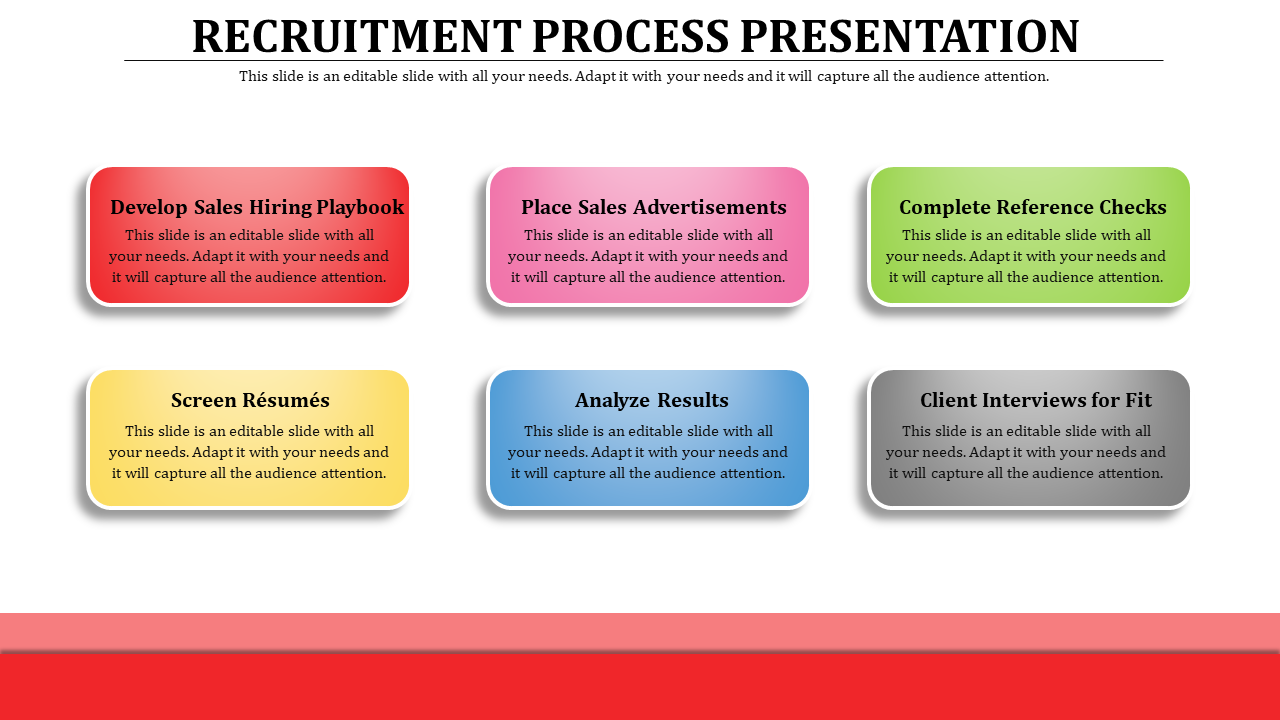 Six colorful rectangular boxes in red, pink, green, yellow, blue, and gray, each listing a recruitment process step.