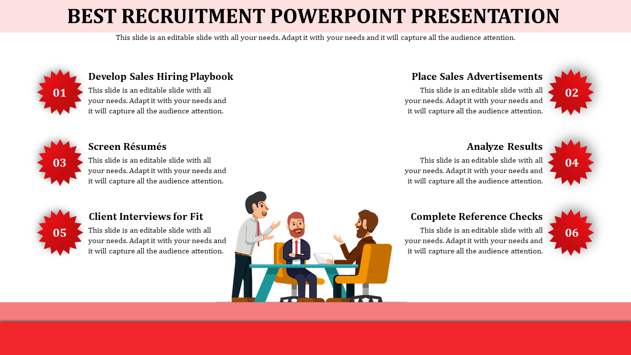 A recruitment process PowerPoint slide showcasing six steps with corresponding icons and captions for each stage.