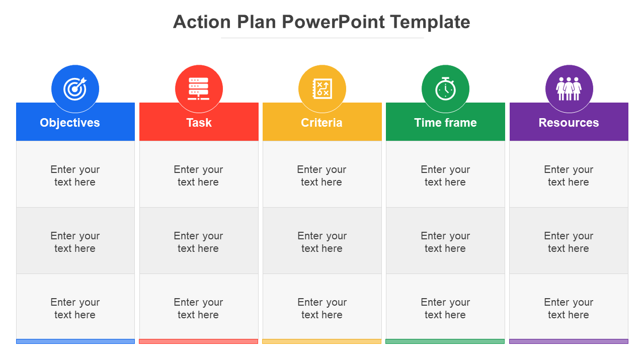 Action plan slide featuring five columns each in different color with icons, multiple caption areas and a title text at top.