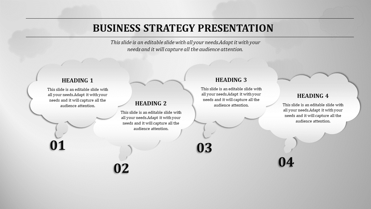 Business strategy slide with four numbered cloud shaped text boxes labeled 01 to 04 on a gray background.